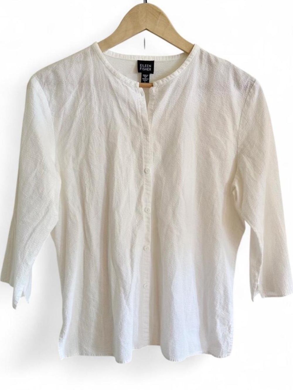 Eileen Fisher White Textured 100% Cotton Button Front Blouse L Minimalist Basic - Picture 2 of 8